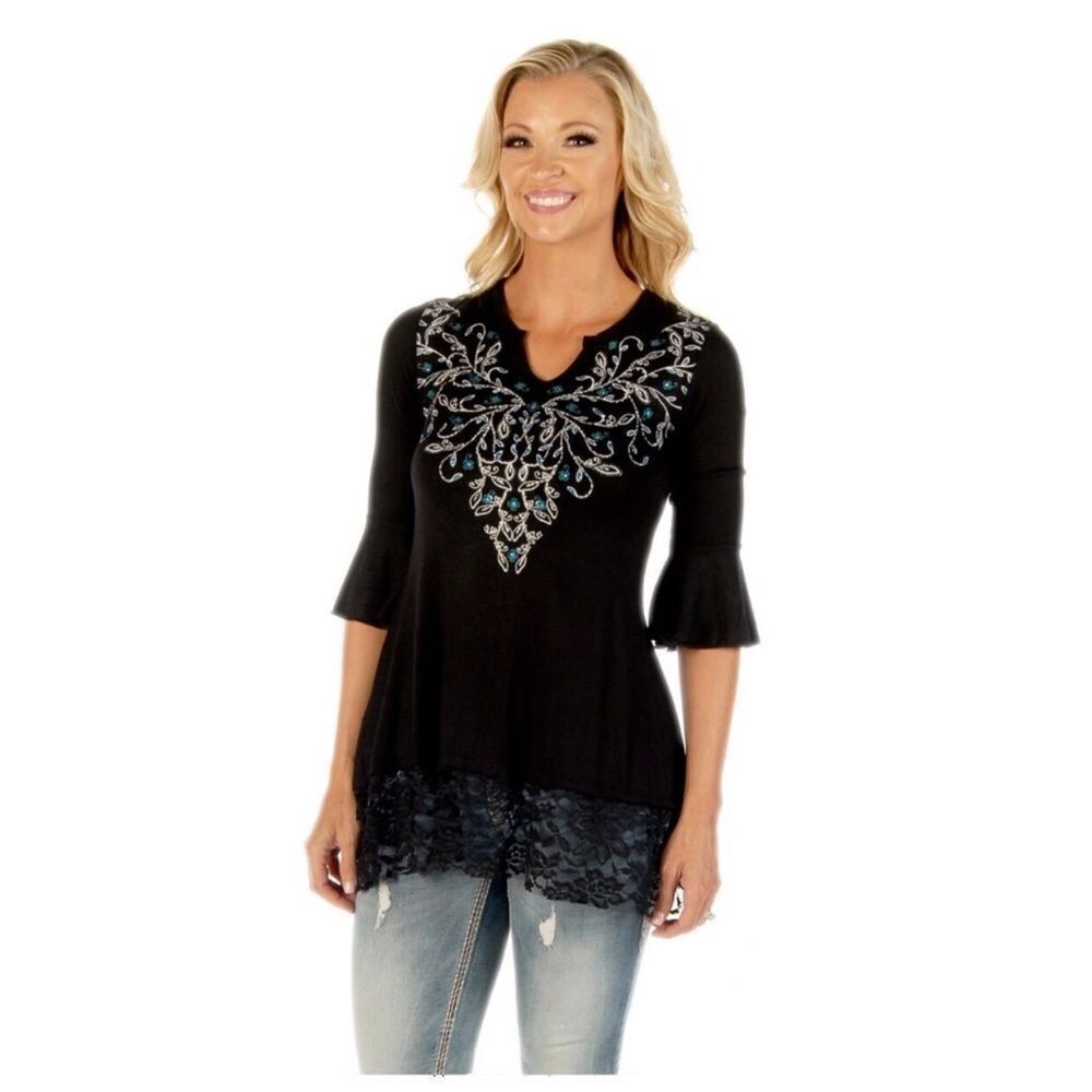 Liberty Wear Sapphire Vines Black Tunic Hanging Lace Top NWT